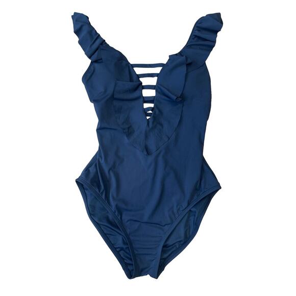 Bleu Rod Beattie Ruffle Strap One Piece Black Swimsuit w/ Strappy Back - Size 4 - Picture 3 of 11